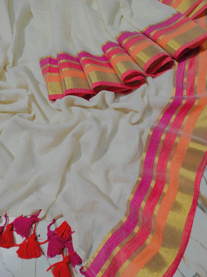 Off white Mul mul saree with zari borders