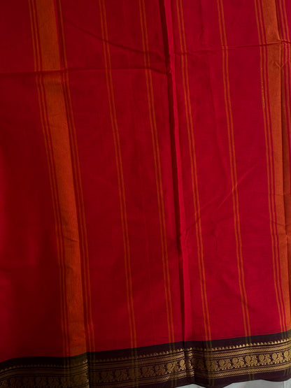 Kanchi cotton saree with minimal zari border red & brown