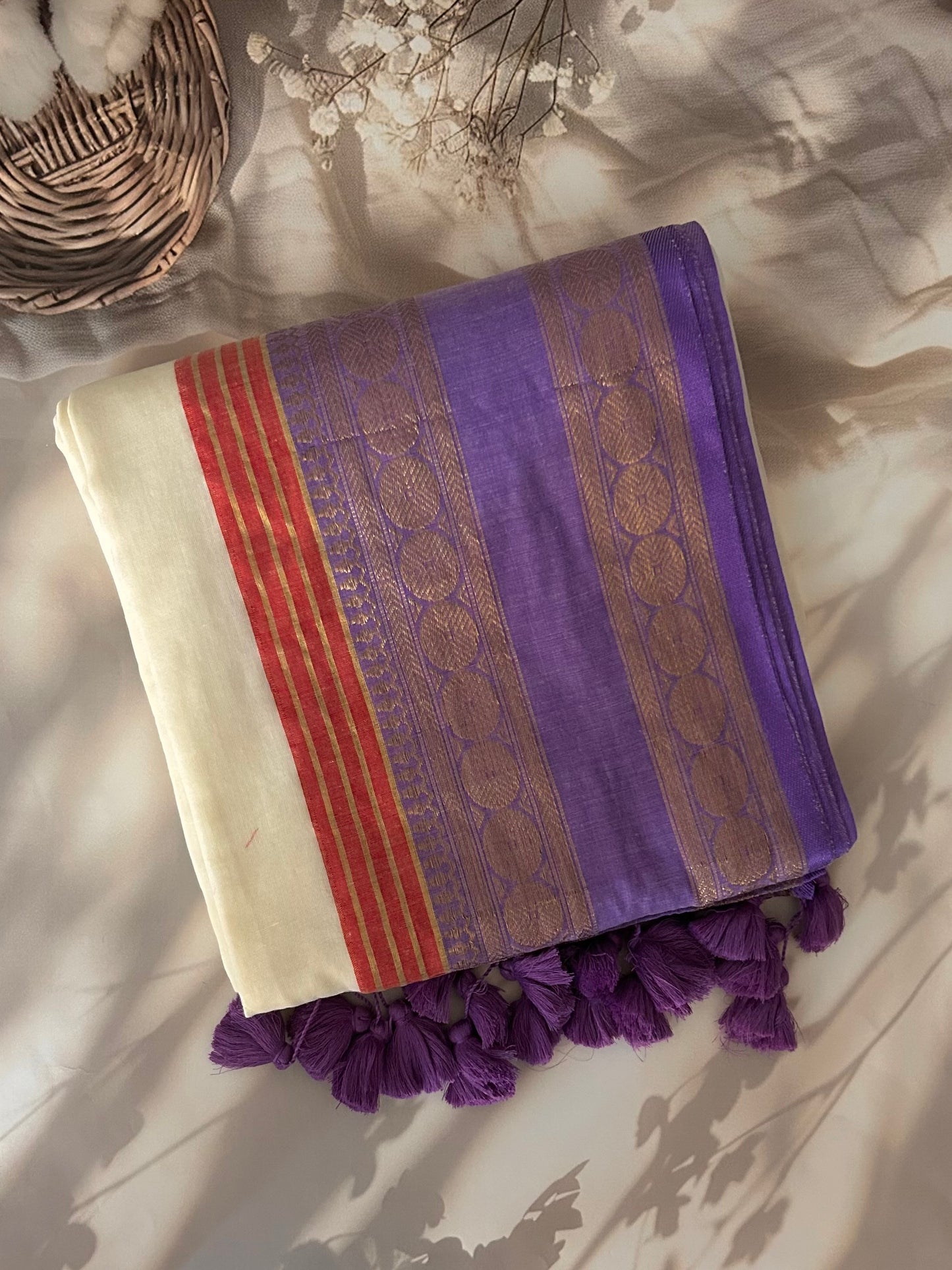 Off white Mul mul saree with zari border