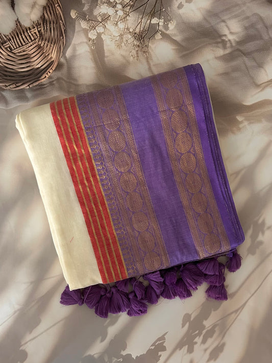 Off white Mul mul saree with zari border