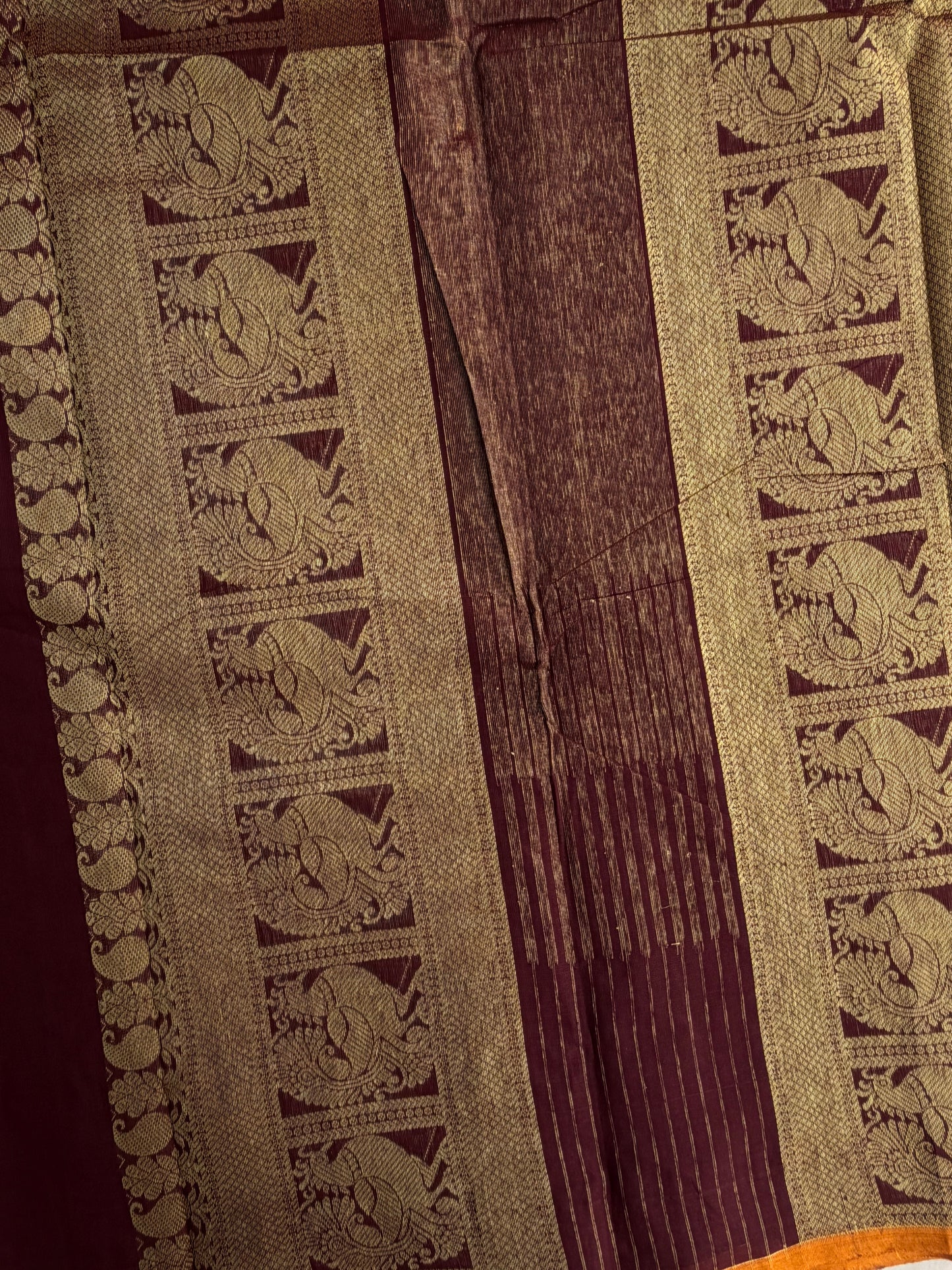 Kanchi cotton with zari weaves and grand pallu - brown with mustard border