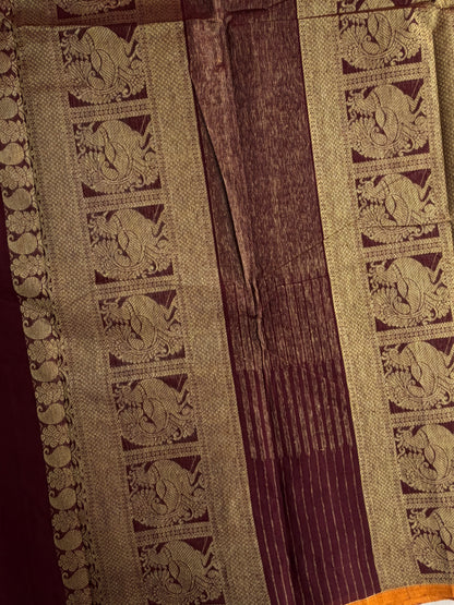 Kanchi cotton with zari weaves and grand pallu - brown with mustard border
