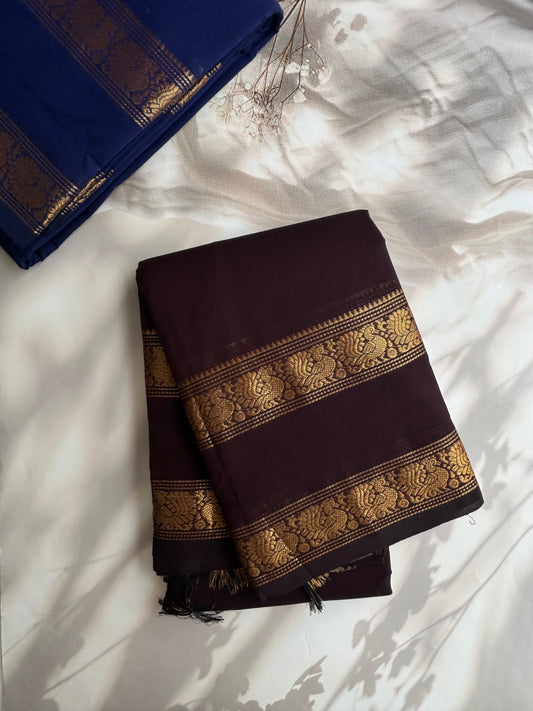 Kanchi cotton saree in peacock zari weaves brown
