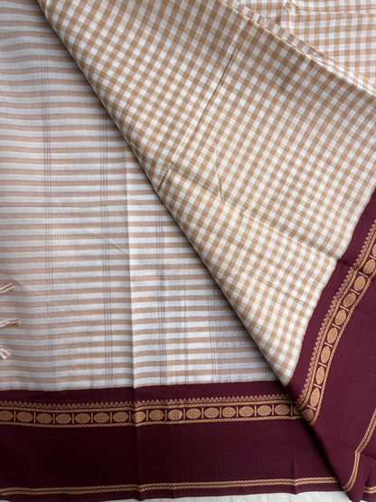 Kanchi cotton saree with kattam weaves beige with maroon border