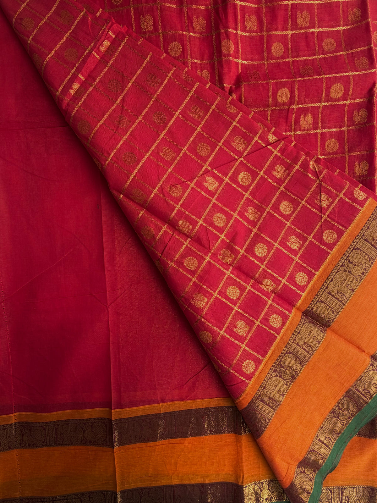 Kanchi cotton saree in checks & butta weaves & grand pallu
