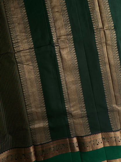 120 mercerised Kanchi cotton with checks on green base with grand pallu