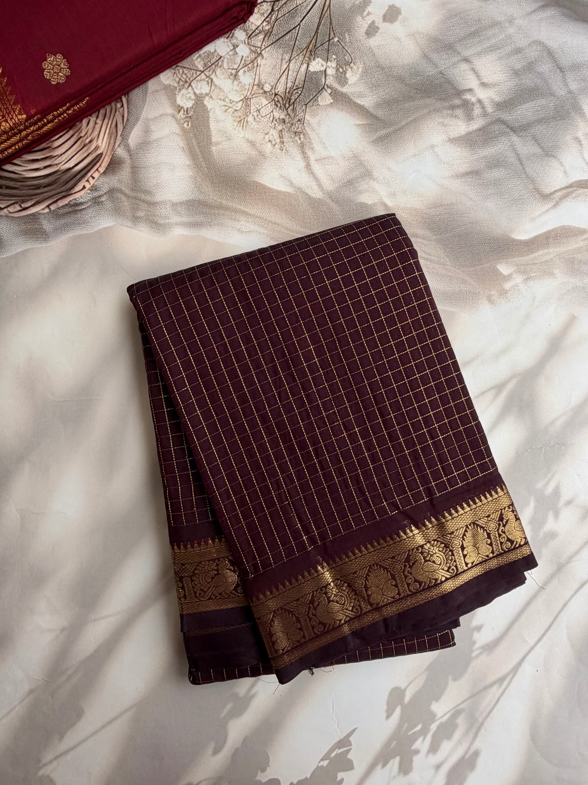 120 mercerised Kanchi cotton saree in zari checks with a grand pallu