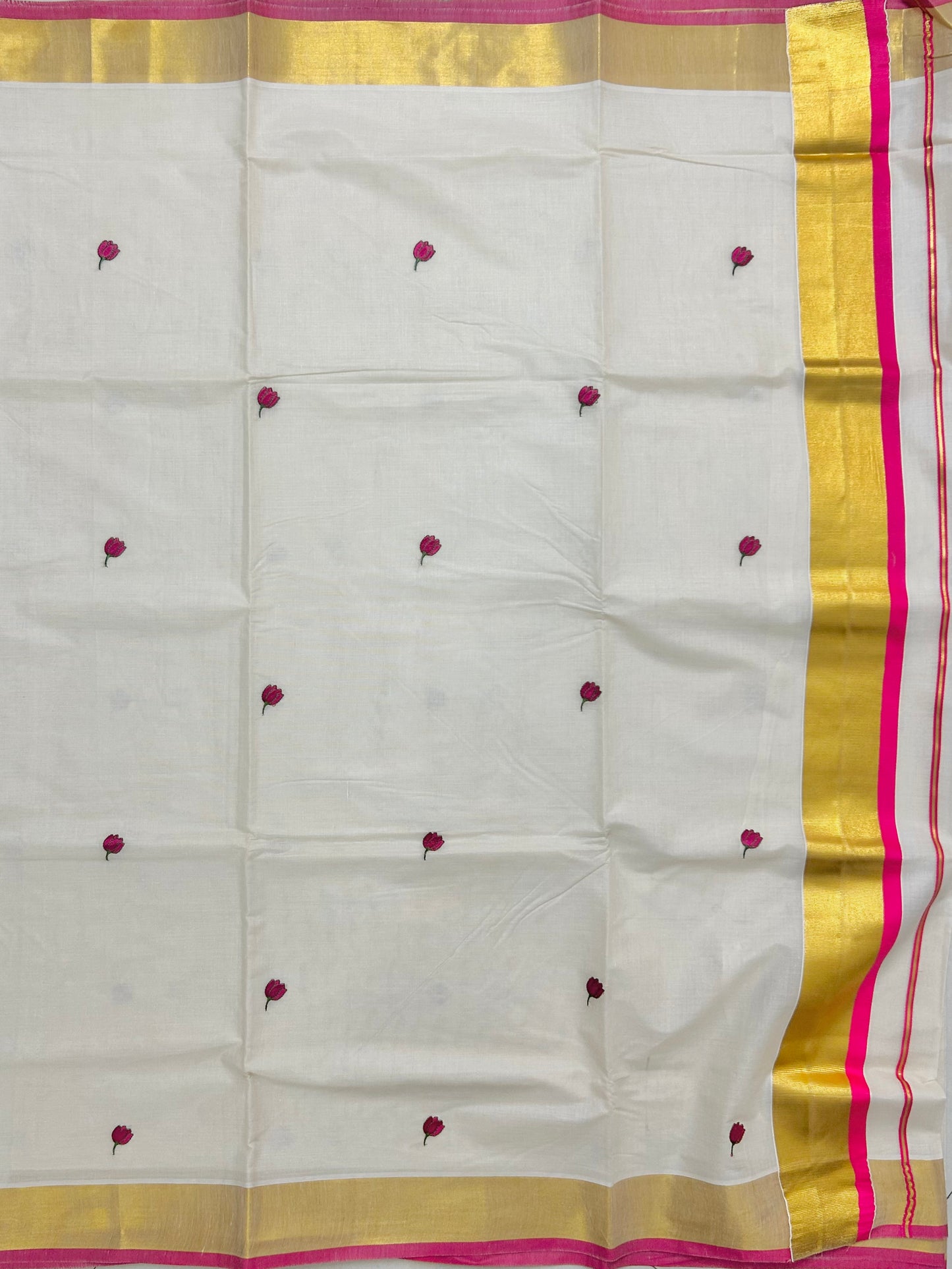 Kasavu saree in tulip embroidery - pink