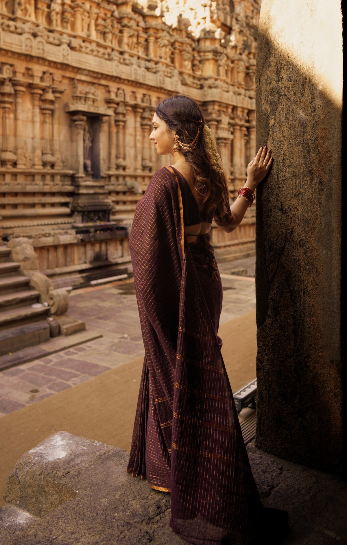 Sungudi cotton saree in checks - brown
