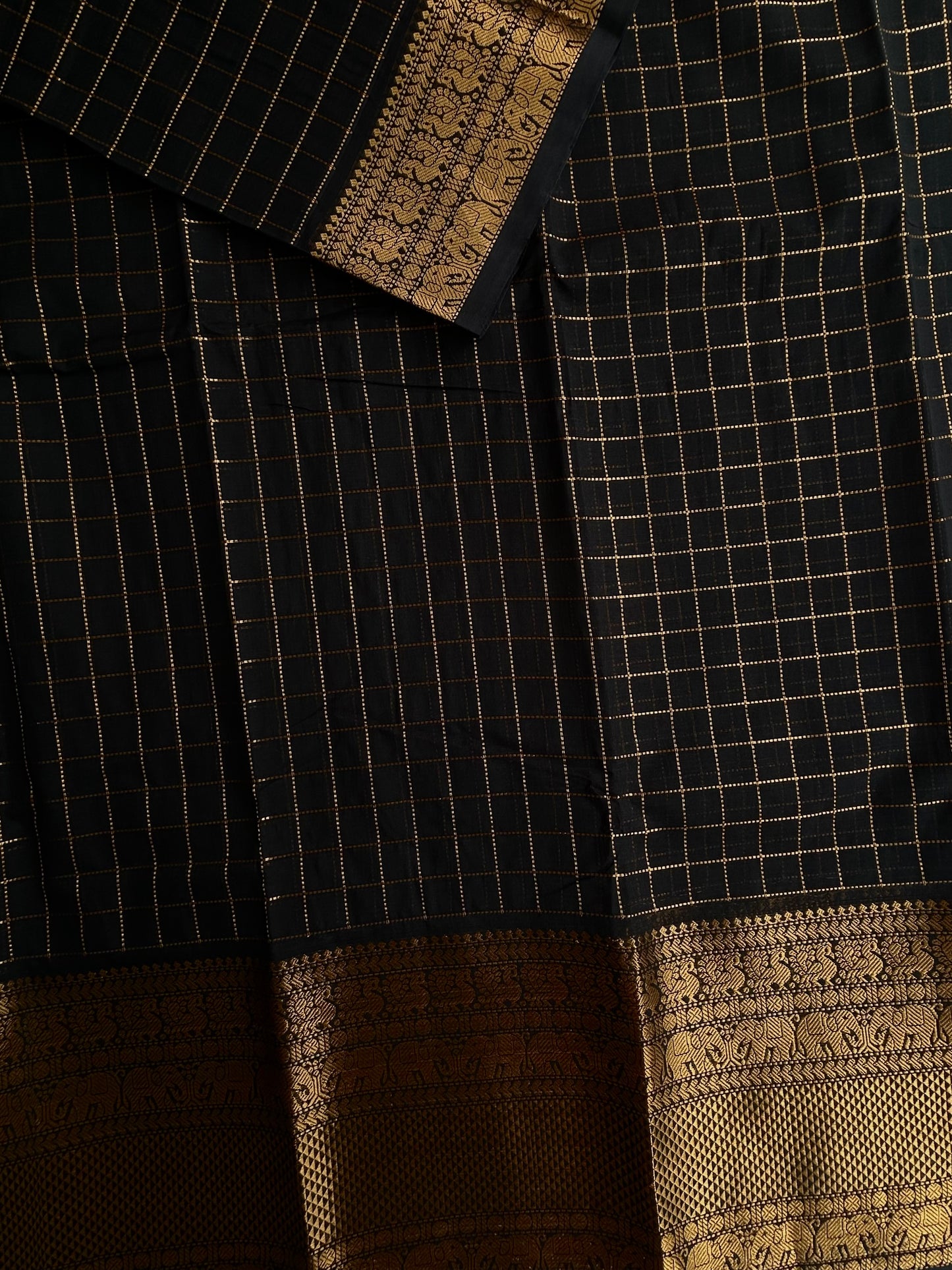 Black Kanchi cotton saree in kattam weaves & grand pallu