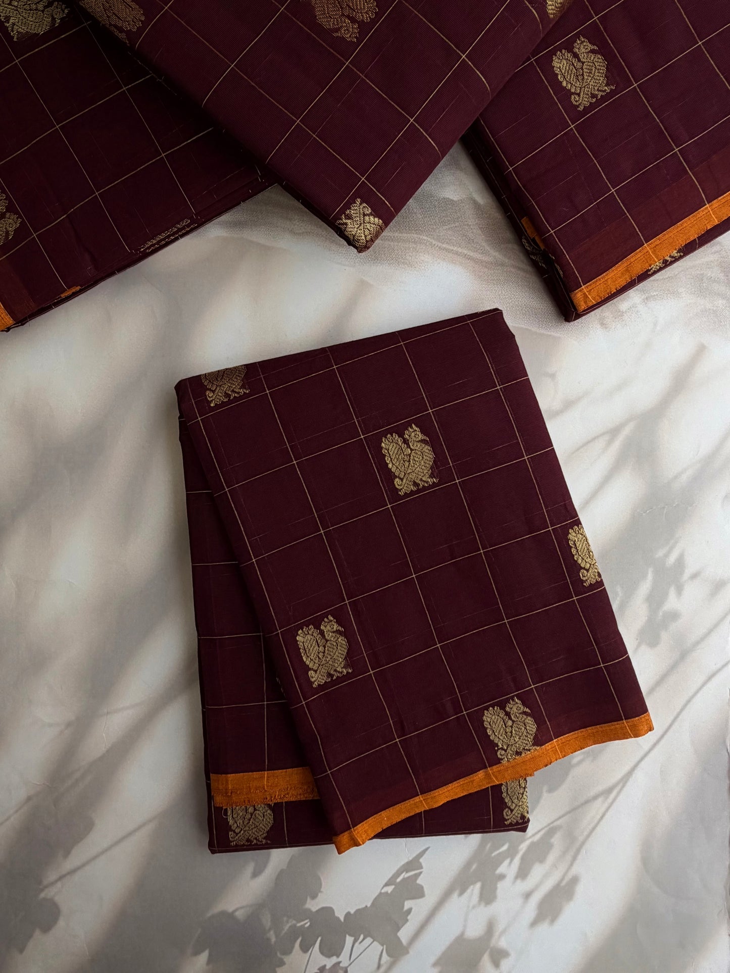 Kanchi cotton with zari weaves and grand pallu - brown with mustard border