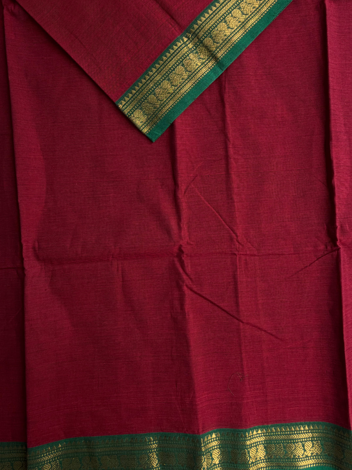 Kanchi cotton saree with zari border maroon with green