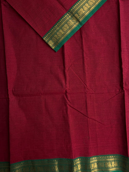 Kanchi cotton saree with zari border maroon with green