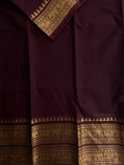 Kanchi cotton saree with rettapett border maroonish brown