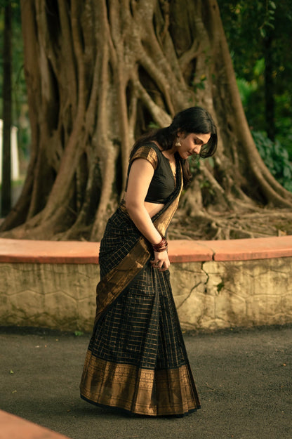 Black Kanchi cotton saree in kattam weaves & grand pallu