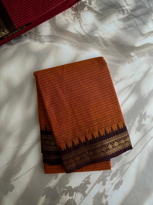 Kanchi cotton checks saree burnt Orange