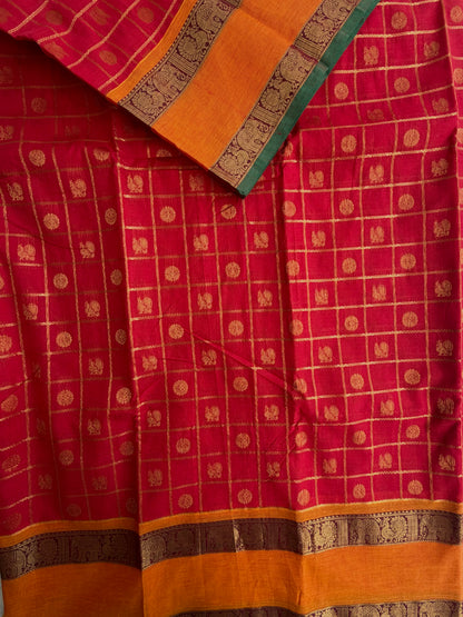 Kanchi cotton saree in checks & butta weaves & grand pallu