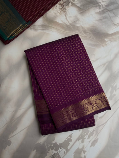 120 mercerised Kanchi cotton with checks & grand pallu - purple