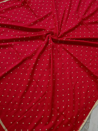 Red Mul mul saree in golden polka dots