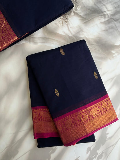 Kanchi cotton saree with butta weaves navy blue