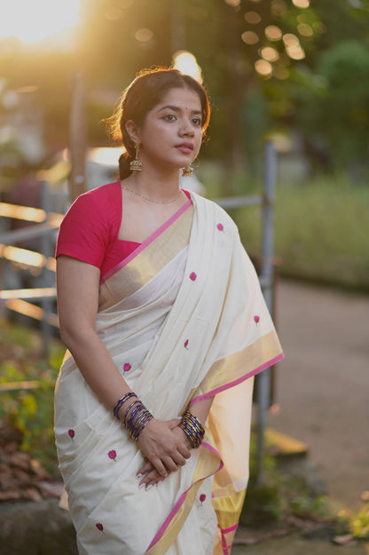 Kasavu saree in tulip embroidery - pink