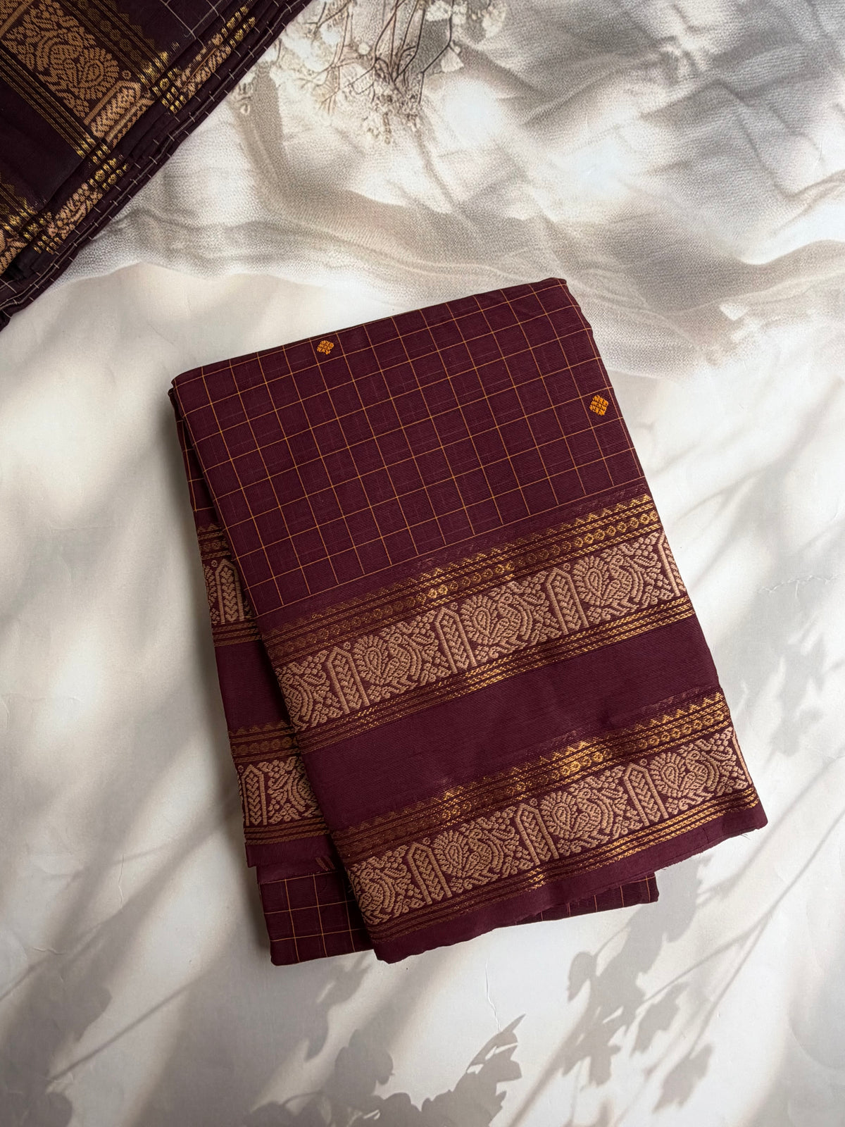 Kanchi cotton saree in kattam pattern with butta weaves