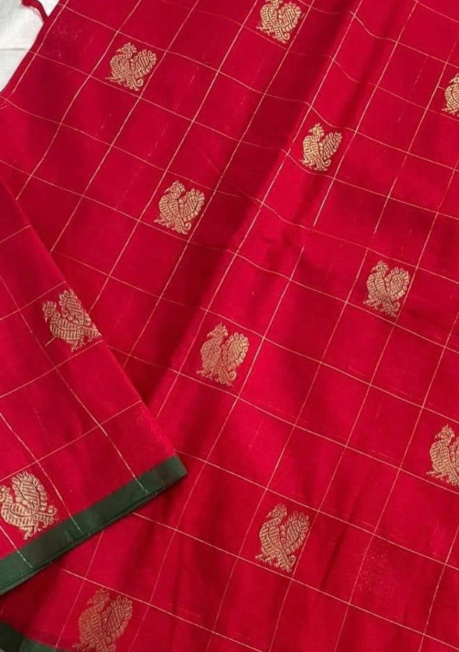 Kanchi cotton with premium zari weaves red with green border