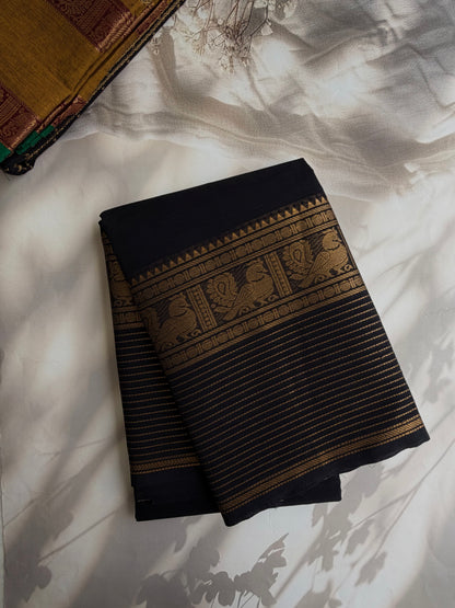 Black Kanchi cotton saree with zari lines border