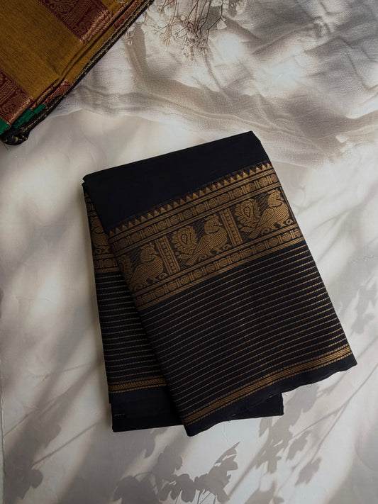 Black Kanchi cotton saree with zari lines border