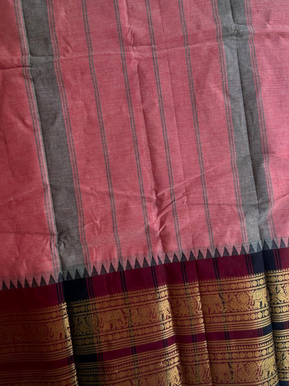 Kanchi cotton saree with rettapett border - peach with brown border