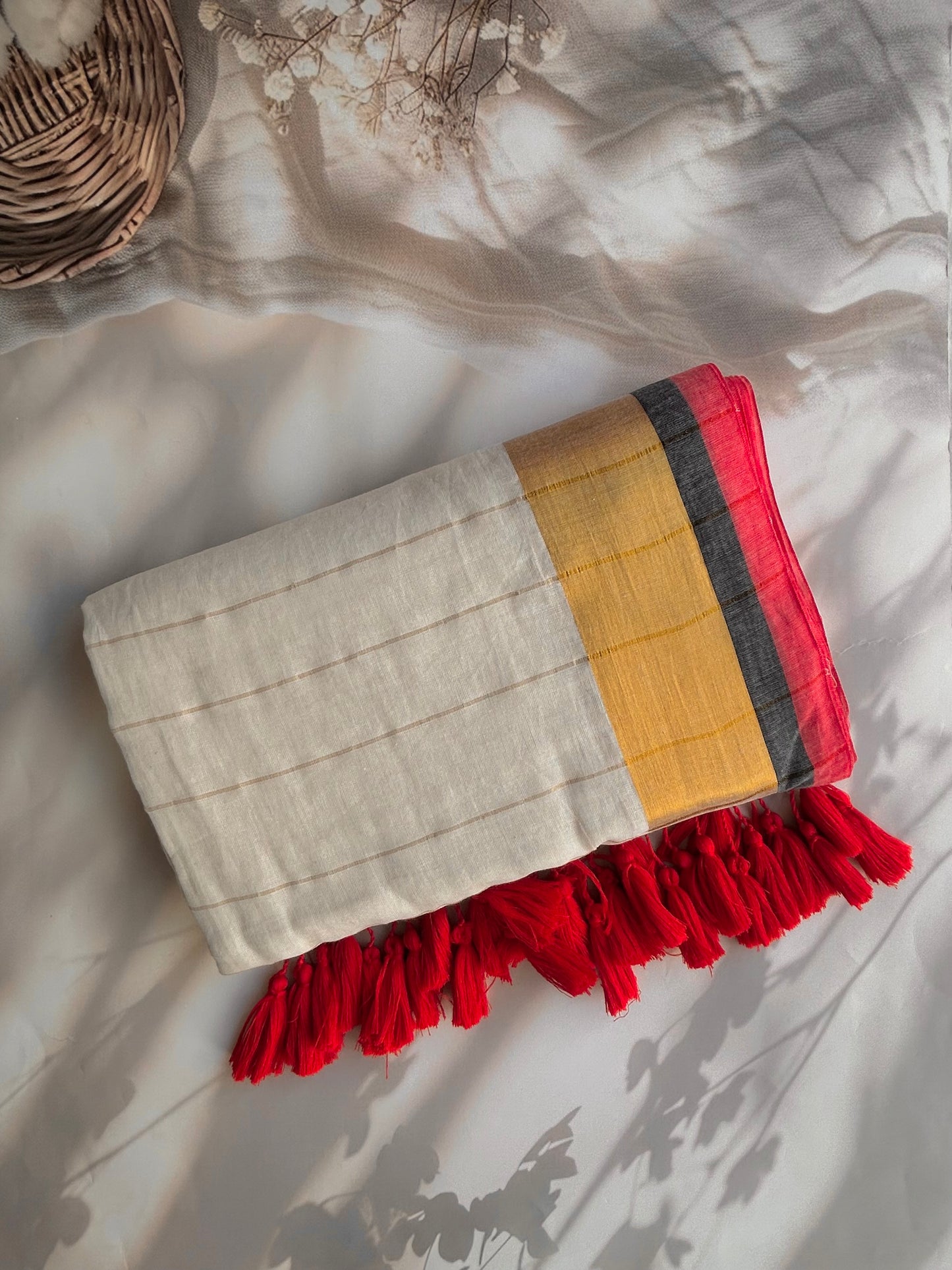 Off white Mul mul saree with zari stripes on pallu