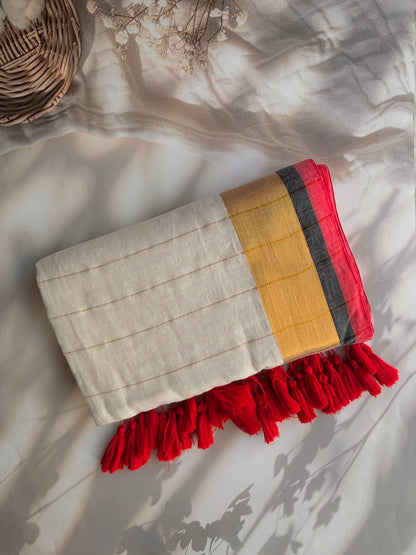 Off white Mul mul saree with zari stripes on pallu