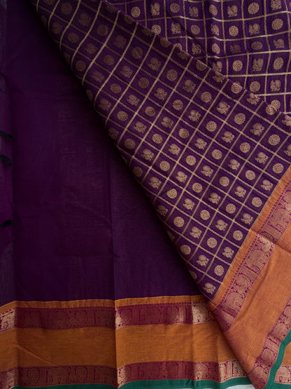 Kanchi cotton saree with 1000 butta & zari check weaves with grand pallu purple