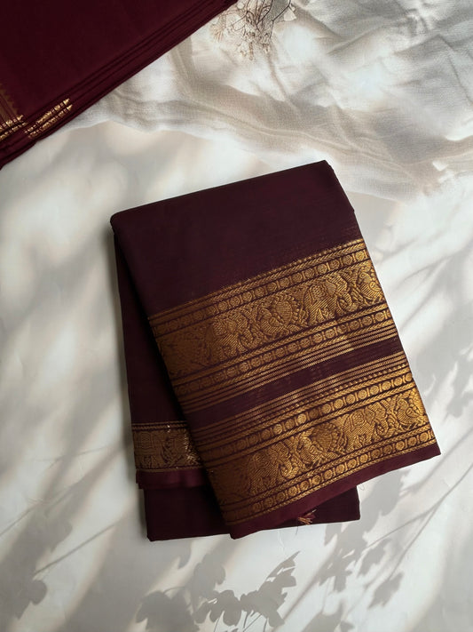Kanchi cotton saree rettapet border - Coffee brown