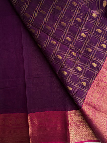 Kanchi cotton saree with zari checks & butta weaves & grand pallu