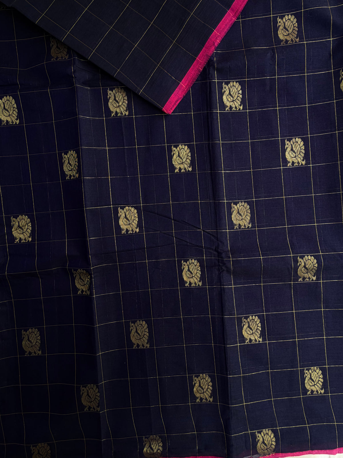 Kanchi cotton with peacock zari checks & butta weaves and grand pallu
