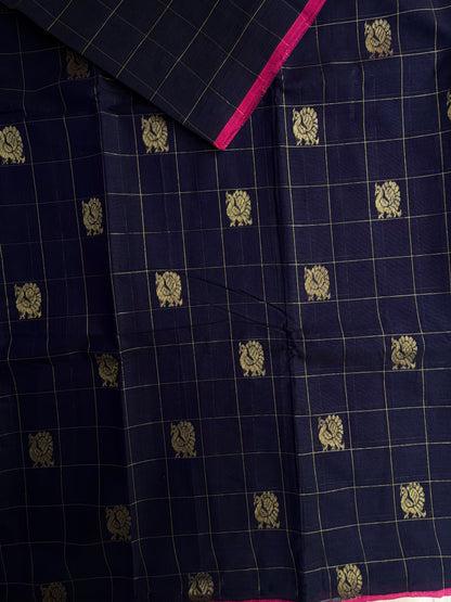 Kanchi cotton with peacock zari checks & butta weaves and grand pallu