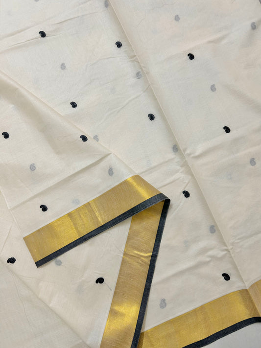 Kasavu saree in mango butta embroidery - black