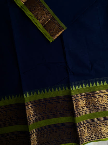 Kanchi cotton saree with rettapett border - blue with green border