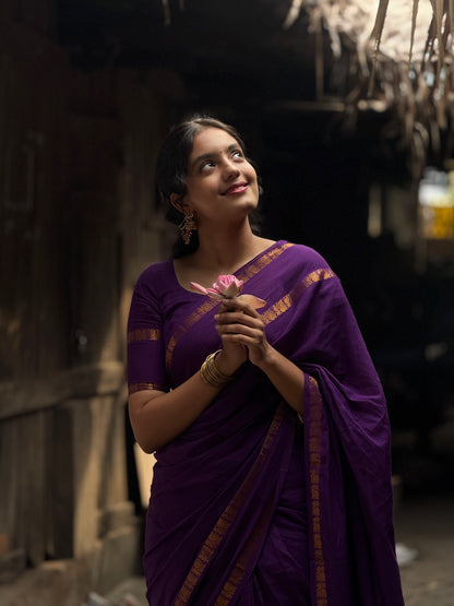 Sungudi Cotton saree with peacock border Purple