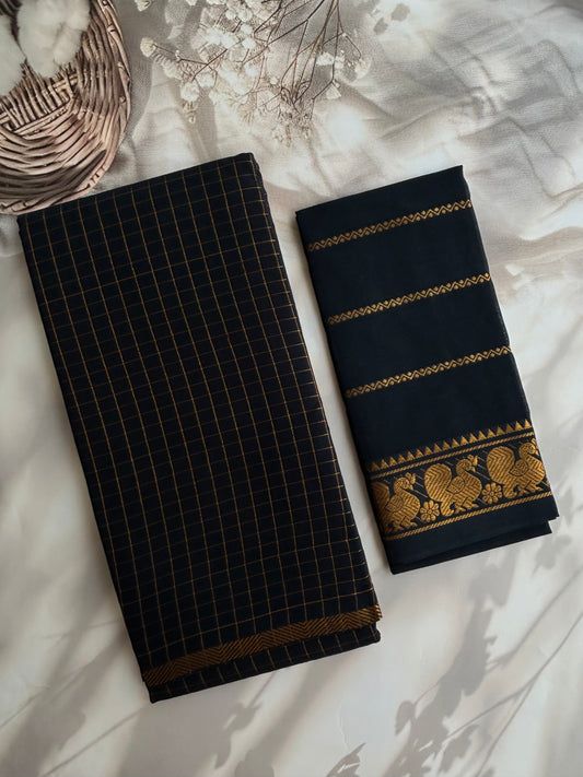 Sungudi cotton saree in checks - black