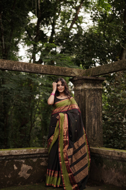 Black Kanchi cotton with annam zari butta weaves & grand pallu