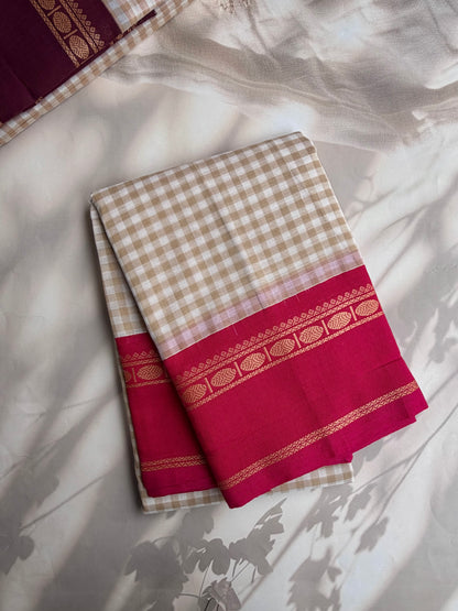 Kanchi cotton saree with kattam weaves beige & pink border