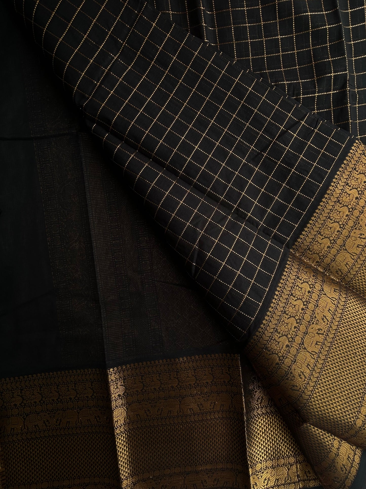 Black Kanchi cotton saree in kattam weaves & grand pallu