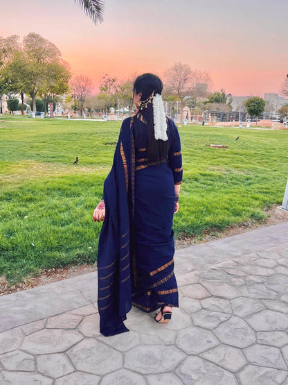 Sungudi Cotton saree with peacock border - navy blue