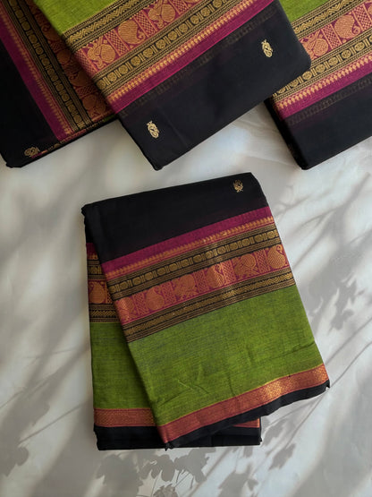 Black Kanchi cotton with annam zari butta weaves & grand pallu