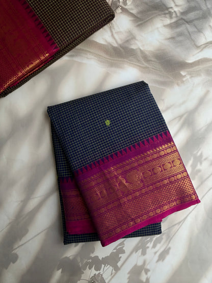 Kanchi cotton saree with checks and butta weaves