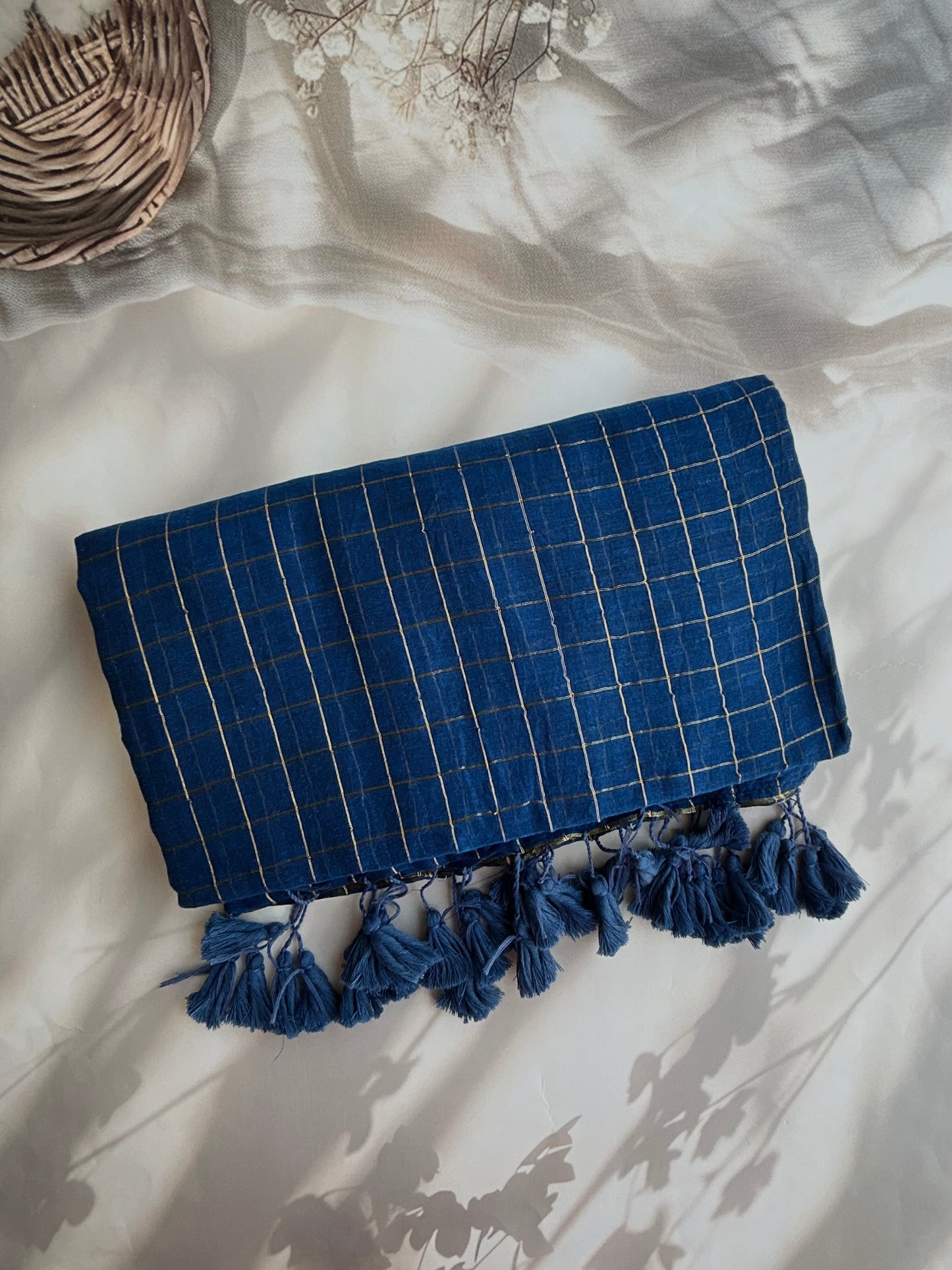 Rama blue Mul mul saree in zari checks