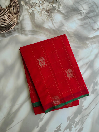 Kanchi cotton with premium zari weaves red with green border