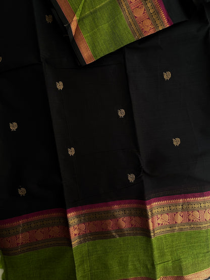Black Kanchi cotton with annam zari butta weaves & grand pallu